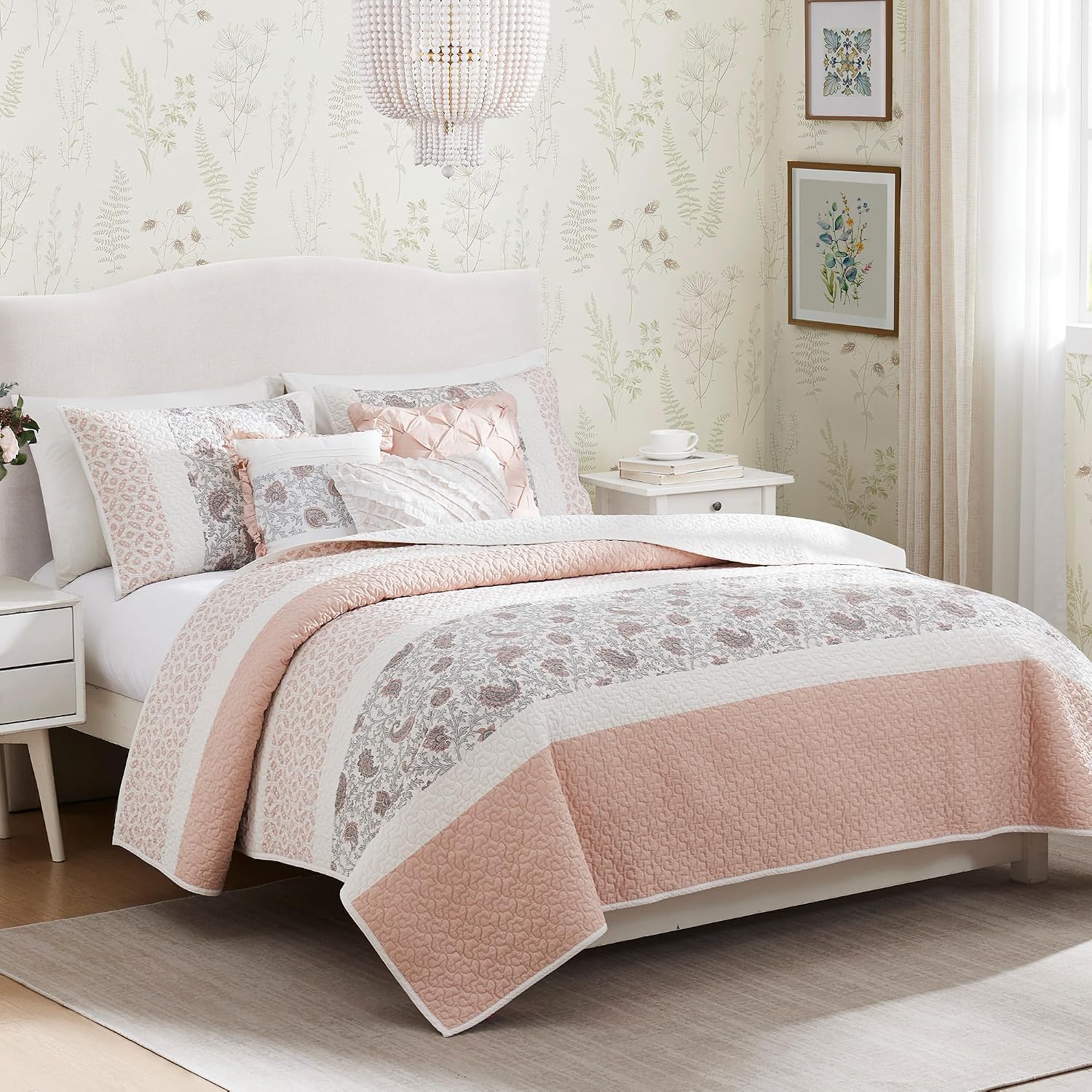 Madison Park 100% Cotton Quilt Set Floral Print, Double Sided Stitching, All Season, Lightweight Coverlet Shabby Chic Bedding Layer, Matching Shams, King/Cal King, Blush 6 Piece