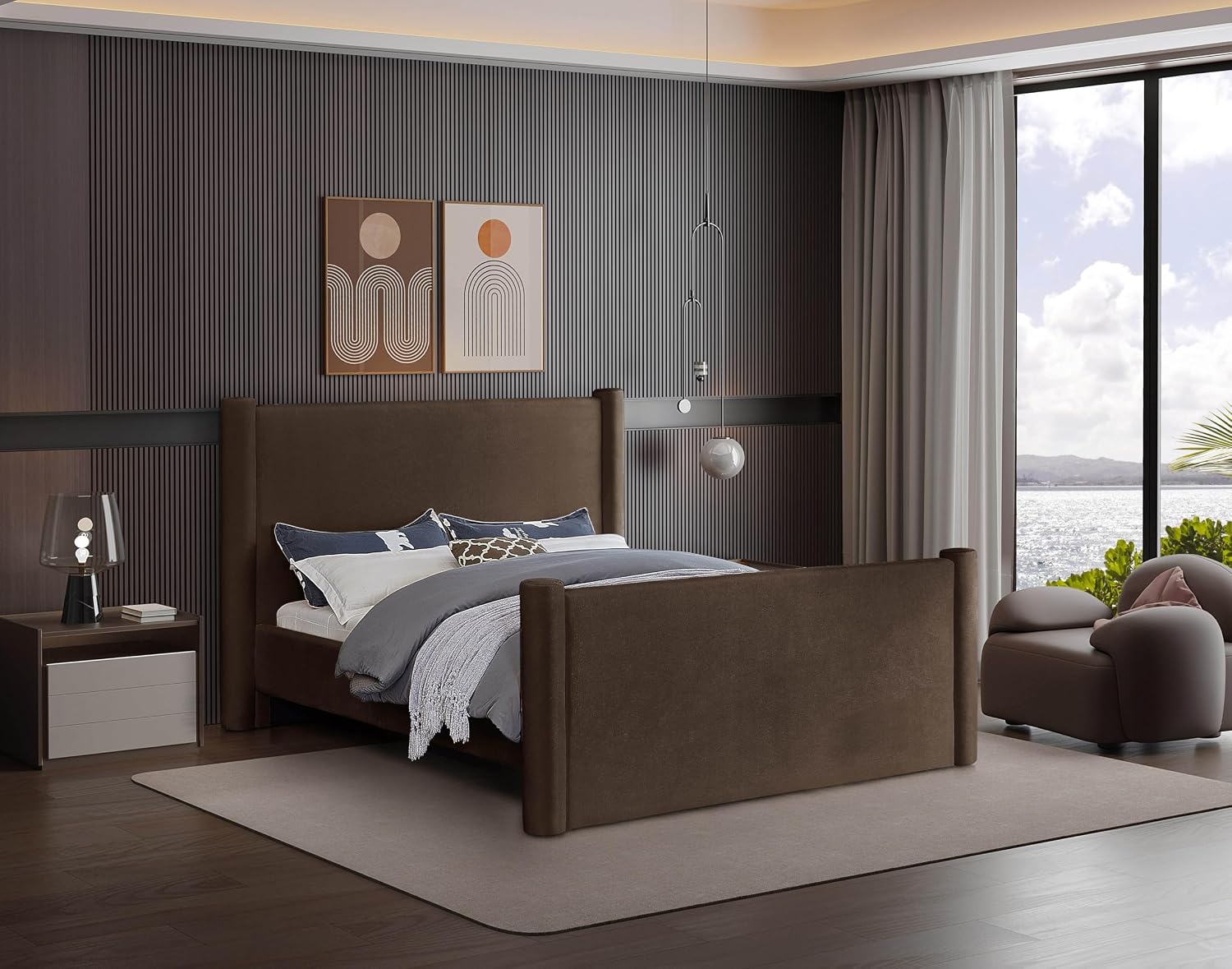 Meridian Furniture B1298Brown-Q Elias Collection Modern | Contemporary Queen Bed with Soft Brown Velvet, Solid Wood Inner Frame, 73.5' W x 88.5' D x 52' H, Brown, Queen