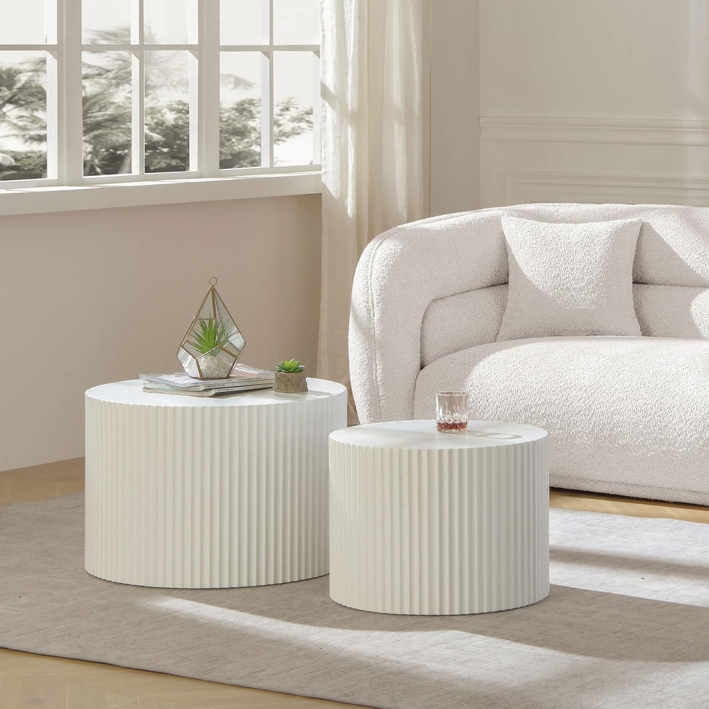Round Nesting Coffee Table Set of 2 for Living Room, Modern End Table MDF Finish Side Table Circular Coffee Table 2 Pieces for Small Space No Assembly Request - White