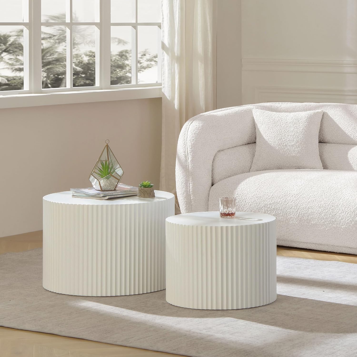 Round Nesting Coffee Table Set of 2 for Living Room, Modern End Table MDF Finish Side Table Circular Coffee Table 2 Pieces for Small Space No Assembly Request - White