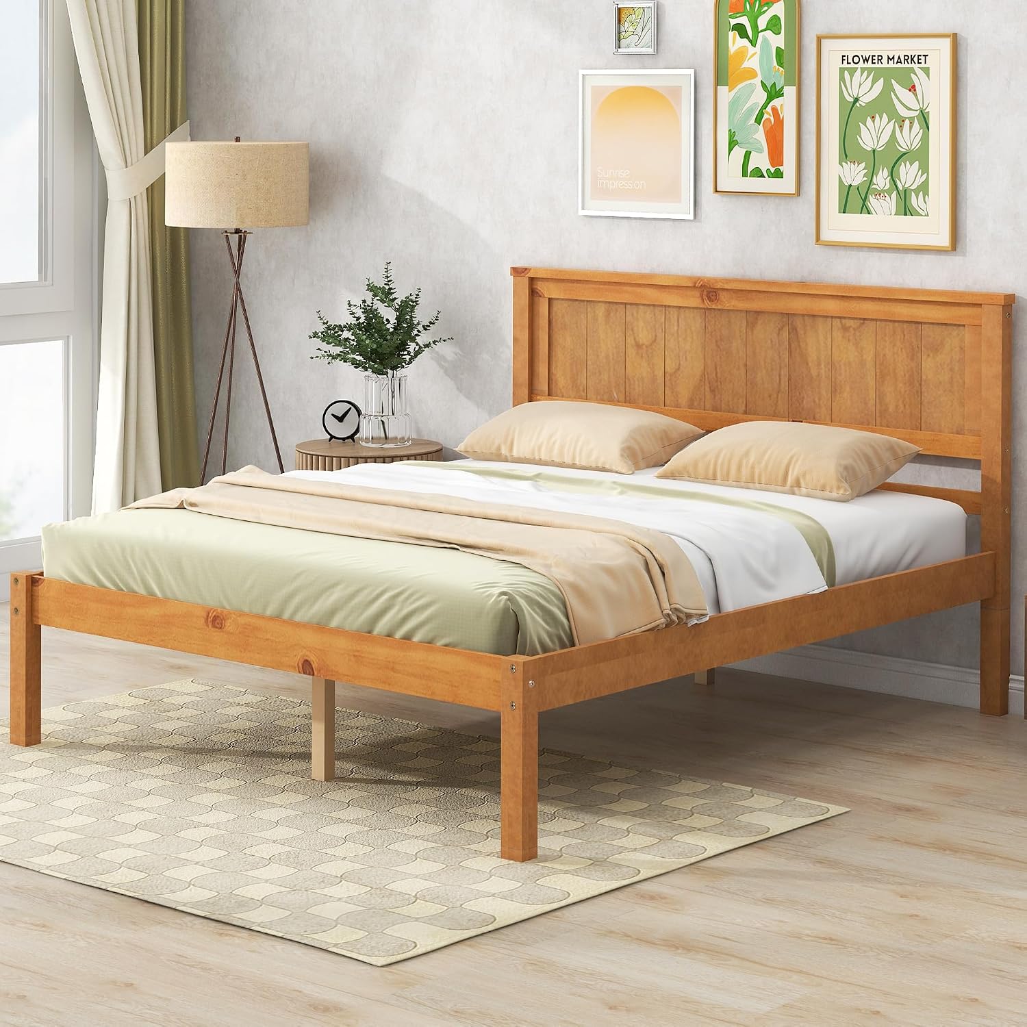 Full Size Wood Bed Frame and Headboard, Modern Retro Oak Platform Beds Frames, Sturdy and Durable Design Rustic Wooden Bedroom Set, Easy Assembly, No Box Spring Needed (Oak, Full)