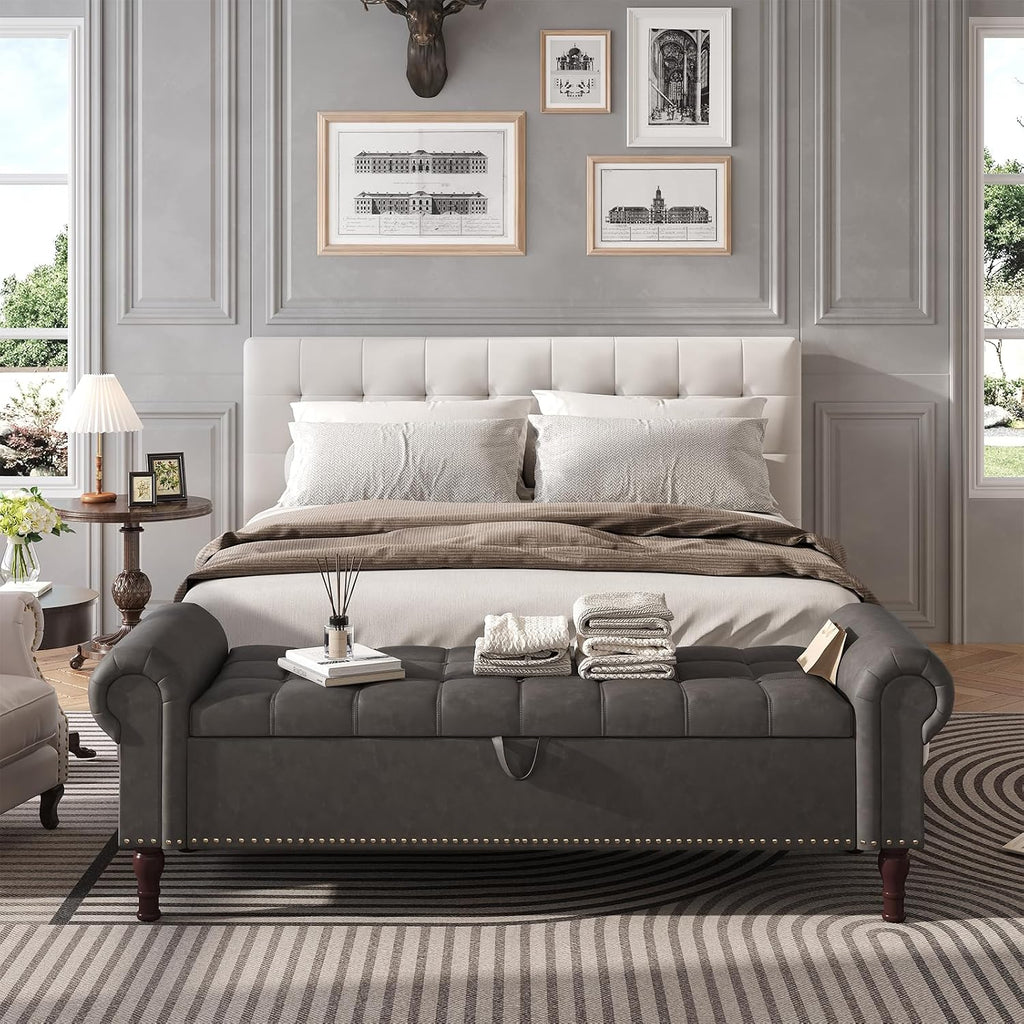Apicizon 60' Bench with Storage, Upholstered Tufted Button Bedroom Bench with Storage, Faux Leather End of Bed Bench with Rolled Arms, Storage Ottoman Bench for Bedroom, Living Room, Entryway, Gray