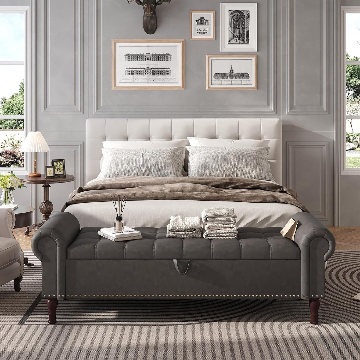 Apicizon 60' Bench with Storage, Upholstered Tufted Button Bedroom Bench with Storage, Faux Leather End of Bed Bench with Rolled Arms, Storage Ottoman Bench for Bedroom, Living Room, Entryway, Gray