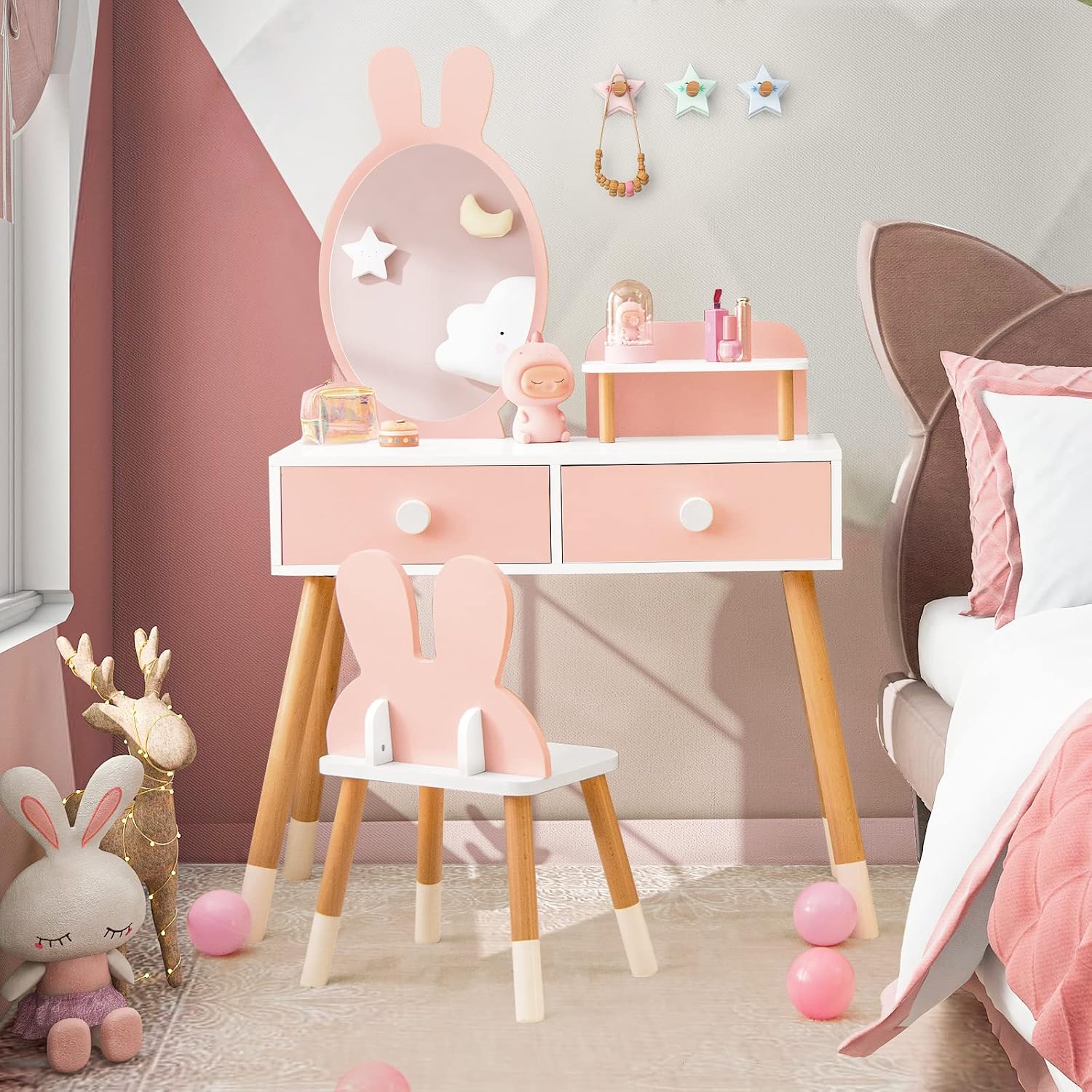 GLACER Kids Vanity & Jewelry Armoire, Princess Dressing Table and Chair Set, Wood Kids Dress Up Storage with Full-Length Mirror, 2 Adjustable Tilt Angles, Kids Bedroom Furniture Set for Girls (Pink)