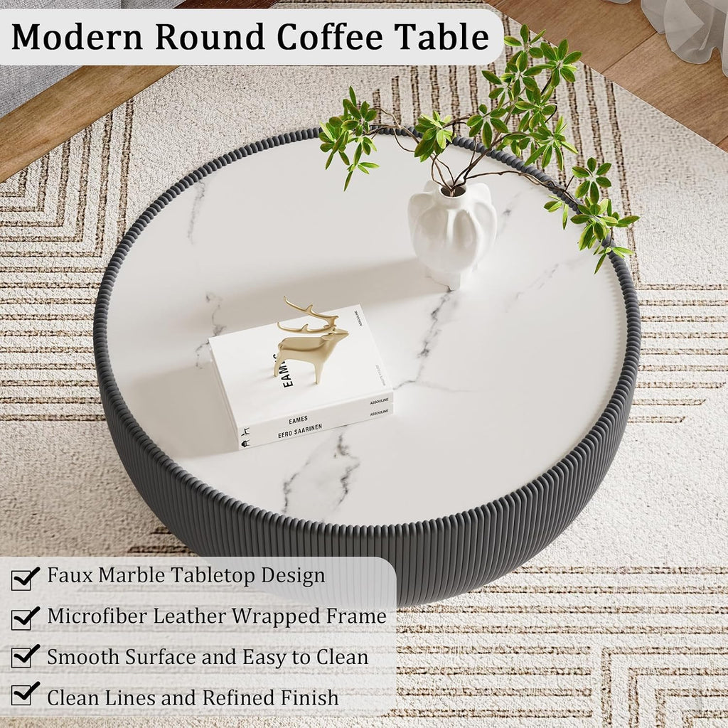 Round Living Room Table Set, 27.56' Grey Drum Center Table and 19.69' Black Coffee Table Set, 2 Pieces Coffee Table Set with Sintered Stone Tabletop, Fluted PU Leather Covered and Metal Base