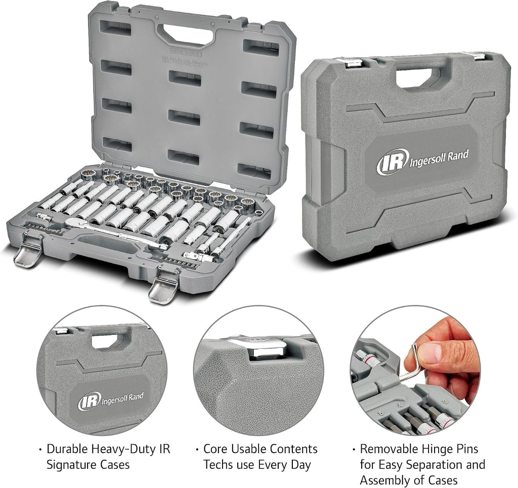 Ingersoll Rand 68 Piece 3/8-Inch Drive Metric/SAE Mechanics Tool Set, 72 Tooth Seal Headed Ratchet Handle, Chrome-Vanadium Steel Shallow/Deep Sockets, Universal Joint Socket - 752018