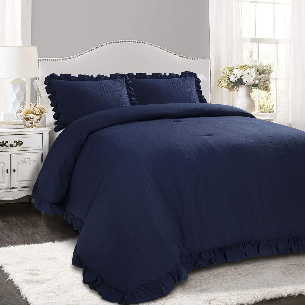 Lush Decor Reyna Ruffle Comforter Set, King, Navy, 3 Piece Cozy Bedding Set