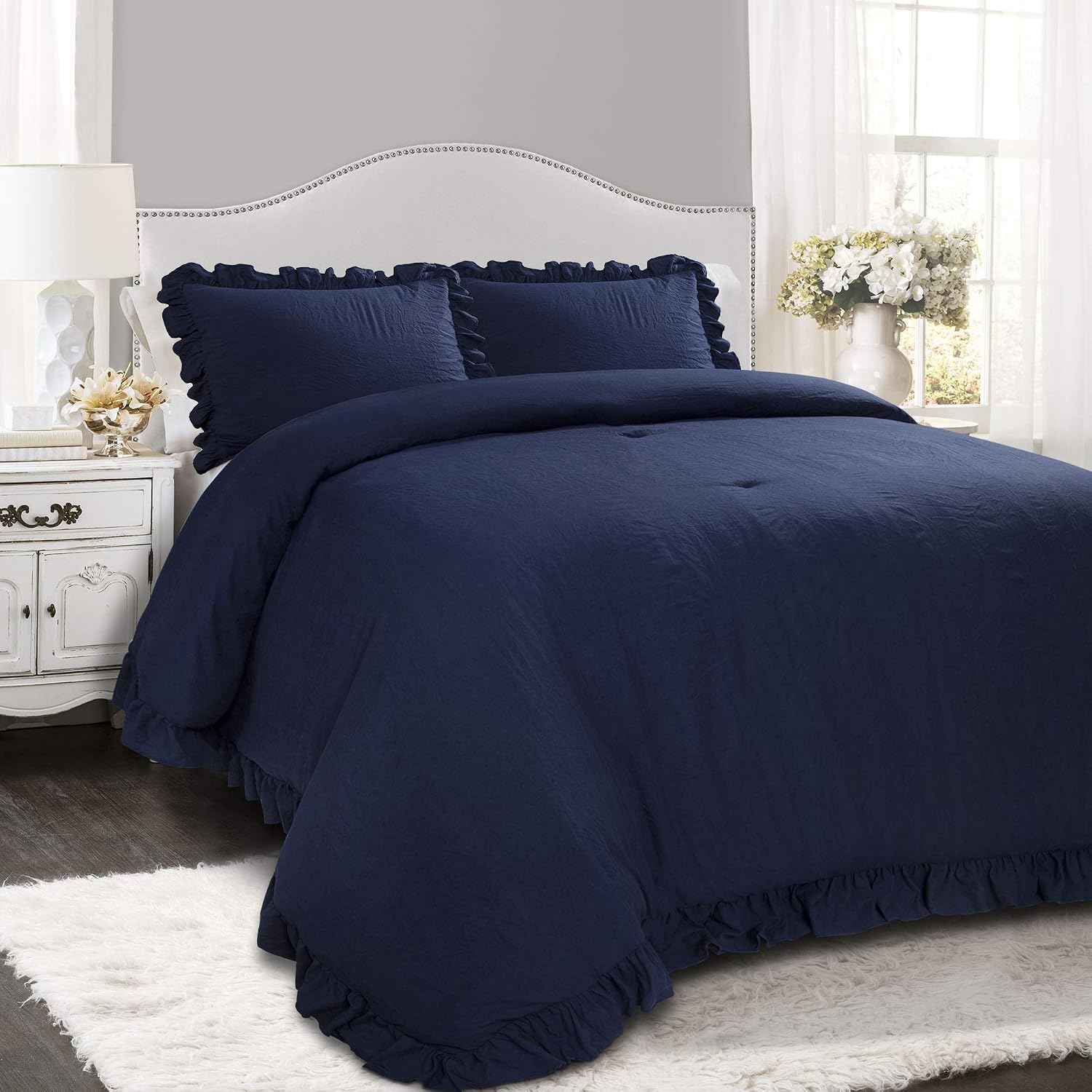Lush Decor Reyna Ruffle Comforter Set, King, Navy, 3 Piece Cozy Bedding Set