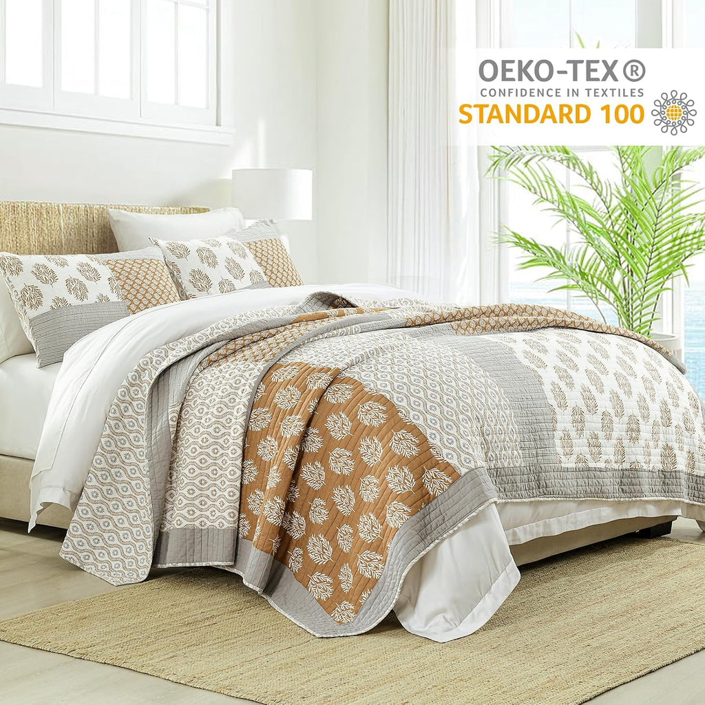 Finlonte King Size Quilt, 100% Cotton Comforter King Size, Brown Grey Farmhouse Quilted Bedspread, Patchwork Lightweight Reversible Quilt Bedding Set for King Bed, 3-Pieces