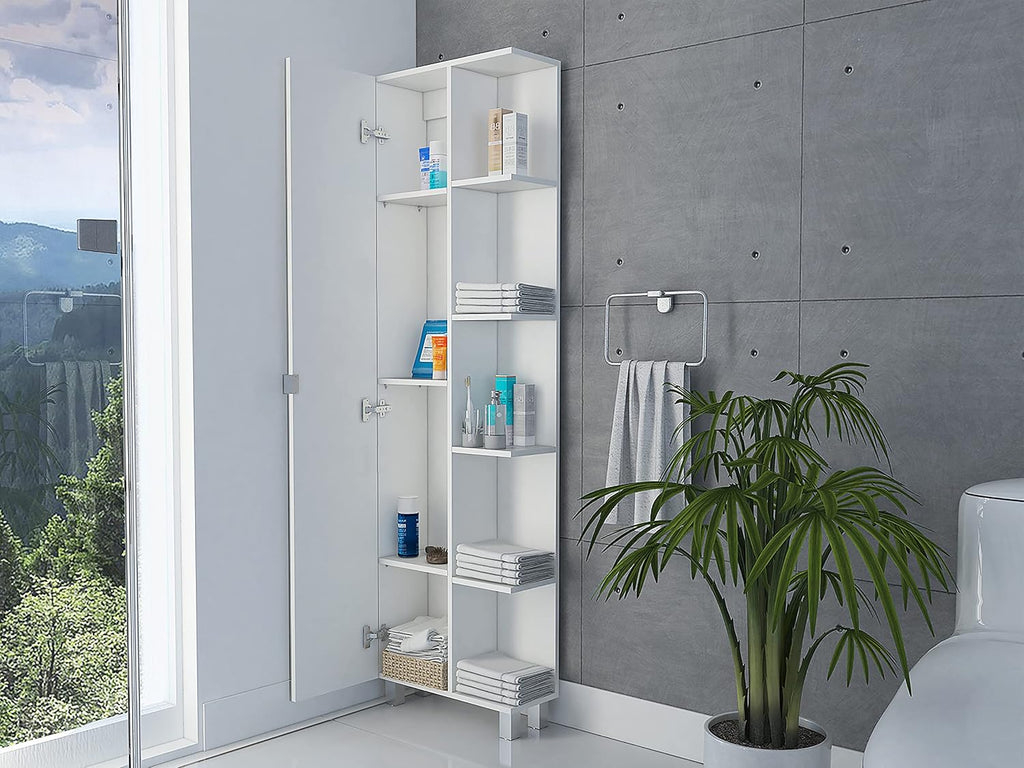 FM FURNITURE Los Angeles Mirror Linen Cabinet with 5 Open Shelves and 4 Inner Shelves, White