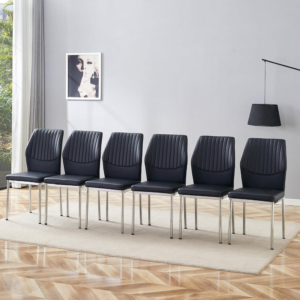 Dining Room Chairs Set of 6,Comfortable,Fashionable Soft Padded Kitchen Chairs High Backrests Metal Legs. Suitable for Living Room and Bedroom (Black+Silver Leg Set of 6)