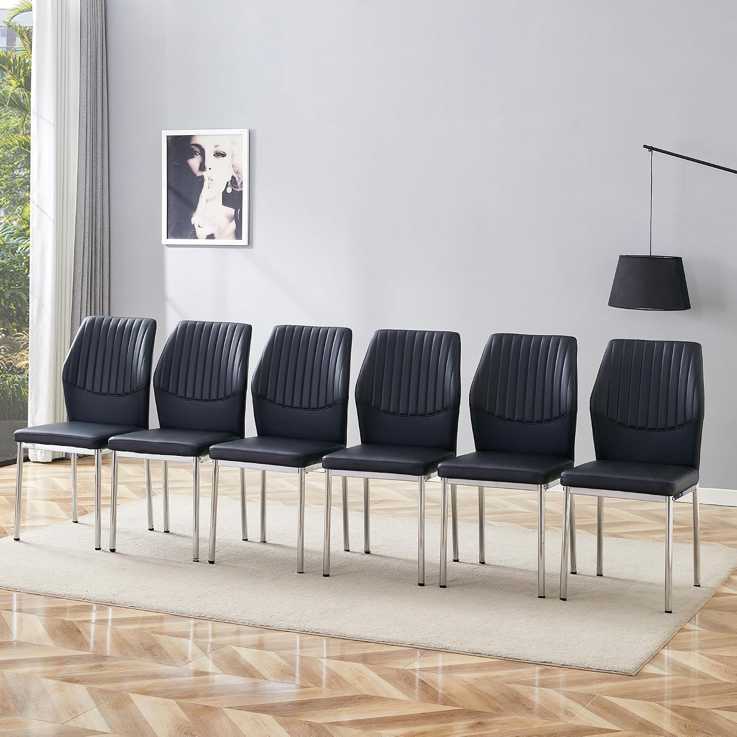 Dining Room Chairs Set of 6,Comfortable,Fashionable Soft Padded Kitchen Chairs High Backrests Metal Legs. Suitable for Living Room and Bedroom (Black+Silver Leg Set of 6)