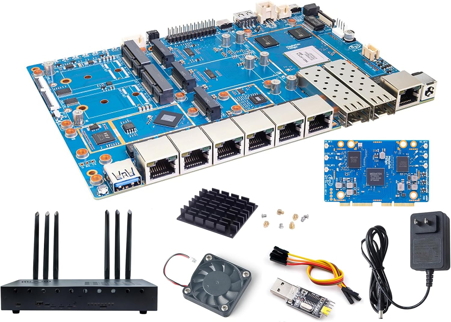 Banana Pi BPI-R4 Pro 8X/4E WiFi 7 Wireless Dual-Band WiFi Router Board OpenWRT, MediaTek MT7988A30K DMIPS SoC - 2X 10GbE SFP&RJ45, 4X 2.5GbE LAN for NAS Smart Home Gateway (Bundle3, 4E)