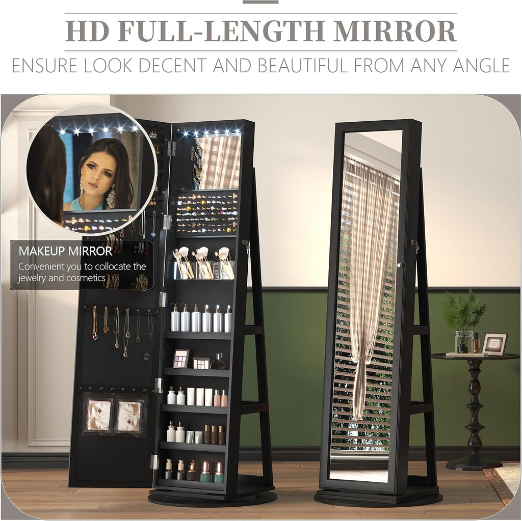 LVSOMT LED Mirror Jewelry Cabinet Standing, 360° Swivel Jewelry Organizers and Storage, Farmhouse Mirror with Jewelry Storage, Lighted Jewelry Armoire with Full Length Mirror (Coal Black)