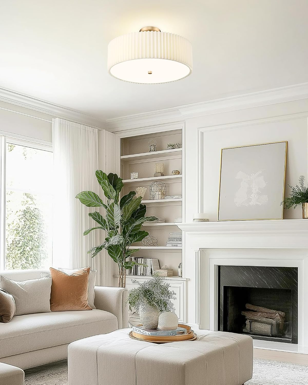 Gold Semi Flush Mount Ceiling Lights, 4-Light 18' Ceiling Light Fixture with White Pleated Fabric Shade, Drum Lamp for Nursery Hallway Bedroom Kitchen, AD-25036-4SF-GD
