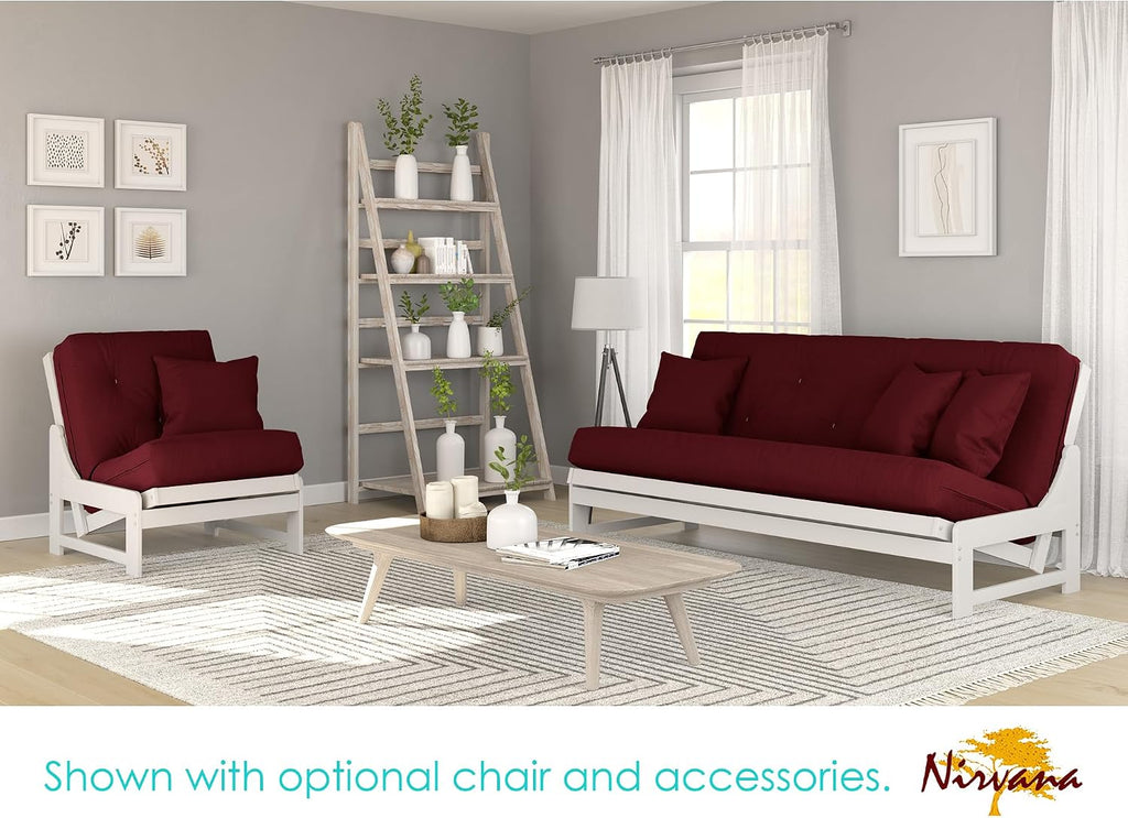 Nirvana Futons Arden White Futon with Storage Drawers Full or Queen Size - Space Saving Armless Design with Comfortable Mattress (Twill Burgundy), Sofa Bed Available in