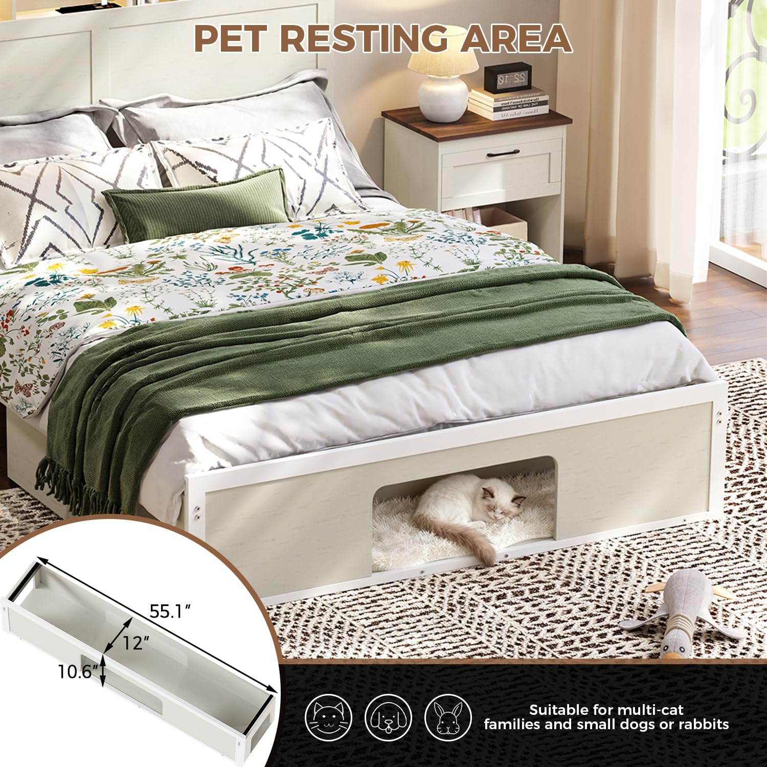 FUNKOCO Wood Full Bed Frame with Nightstand Set of 2，Farmhouse Bed Frame with Cat & Dog Bed, Storage Headboard and 2 Drawers, LED Lights & Charging Station, Noise Free, No Box Spring Needed