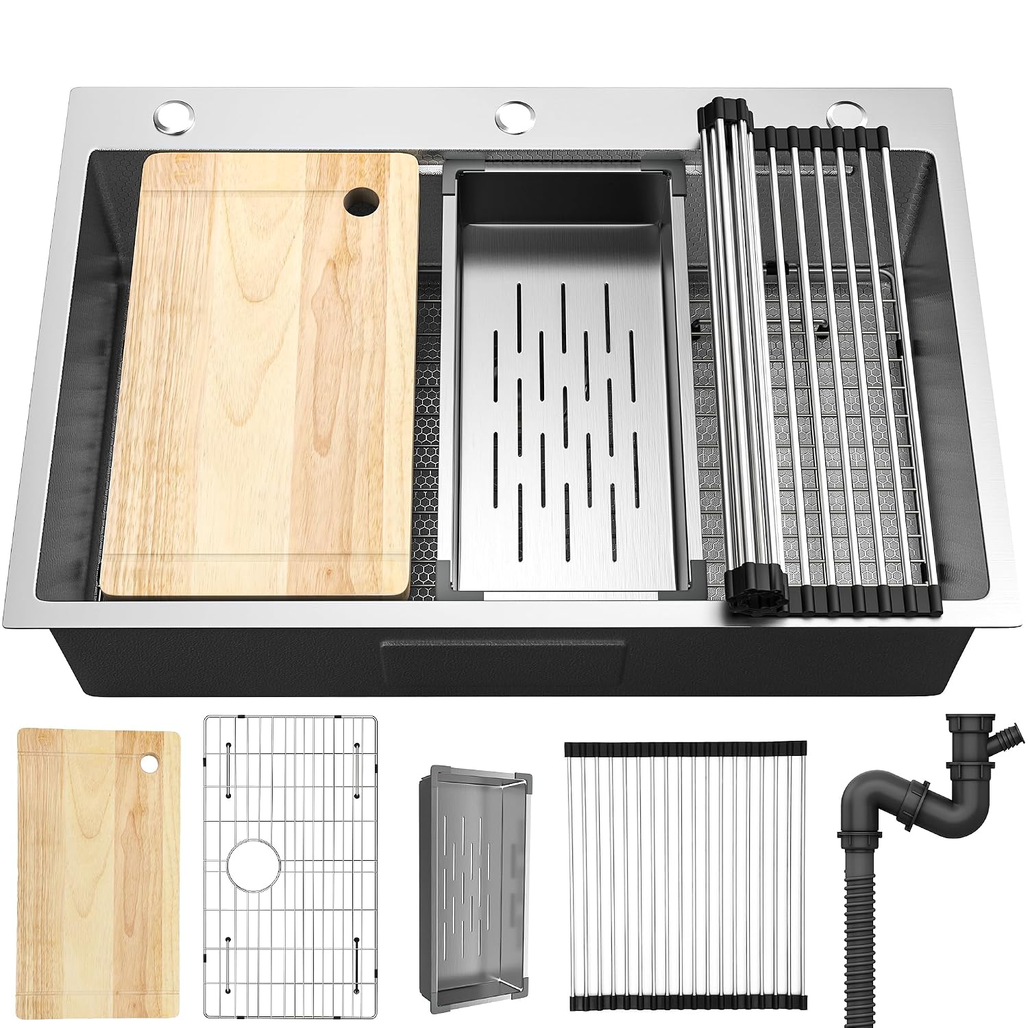 YITAHOME Drop In Kitchen Sink Workstation 33in, 304 Stainless Steel Single Bowl Top Mount Sink w/Ledge & Accessories, Honeycomb Surface Design, 33 x 22 x 10 in, Silver