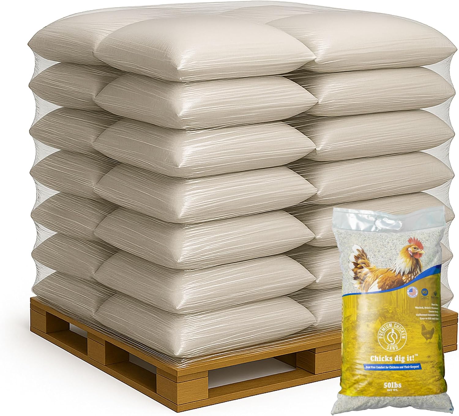 Premium Chicken Sand 50 lbs (56-Pack) – Dust-Free, Odor-Control Bedding for Chicken Coops, Nesting Boxes, and Runs – Natural Poultry Litter, 2800 lbs Total