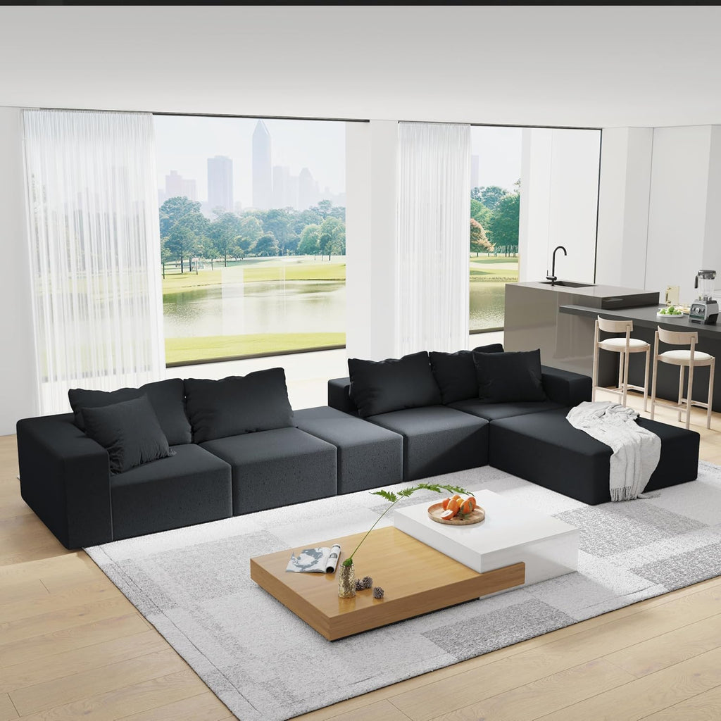 RuiSiSi Modern Upholstered Sectional Sofa Couch Set, 132' Modular L-Shaped Sectional Sofa Set with 6 Pillows, Free Combination Couch for Living Room, Bedroom, No Needed Assembly, Black