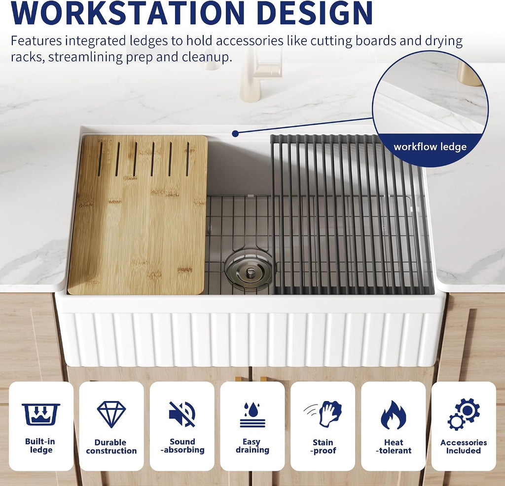 DeerValley 33' L x 20' W Farmhouse Workstation Kitchen Sink, Reversible Fireclay Deep Single Bowl Apron Front Kitchen Sink, White Undermount Farm Sink with Ledge and Accessories