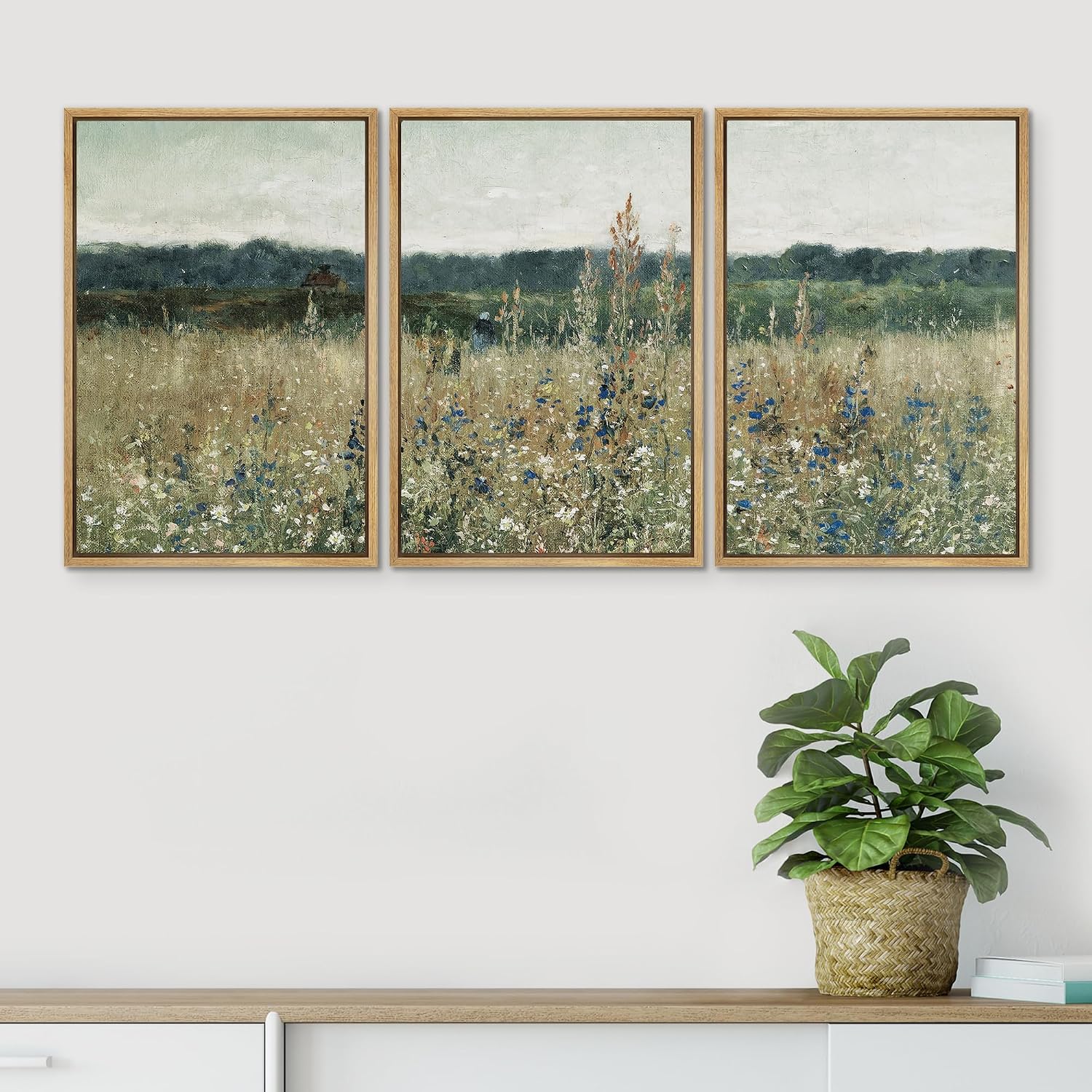 SIGNWIN Framed Canvas Print Wall Art Set Pastoral Fields Rustic Wildflower Countryside Floral Landscape Illustrations Modern Colorful Ultra for Living Room, Bedroom, Office - 24'x36'x3 Natural