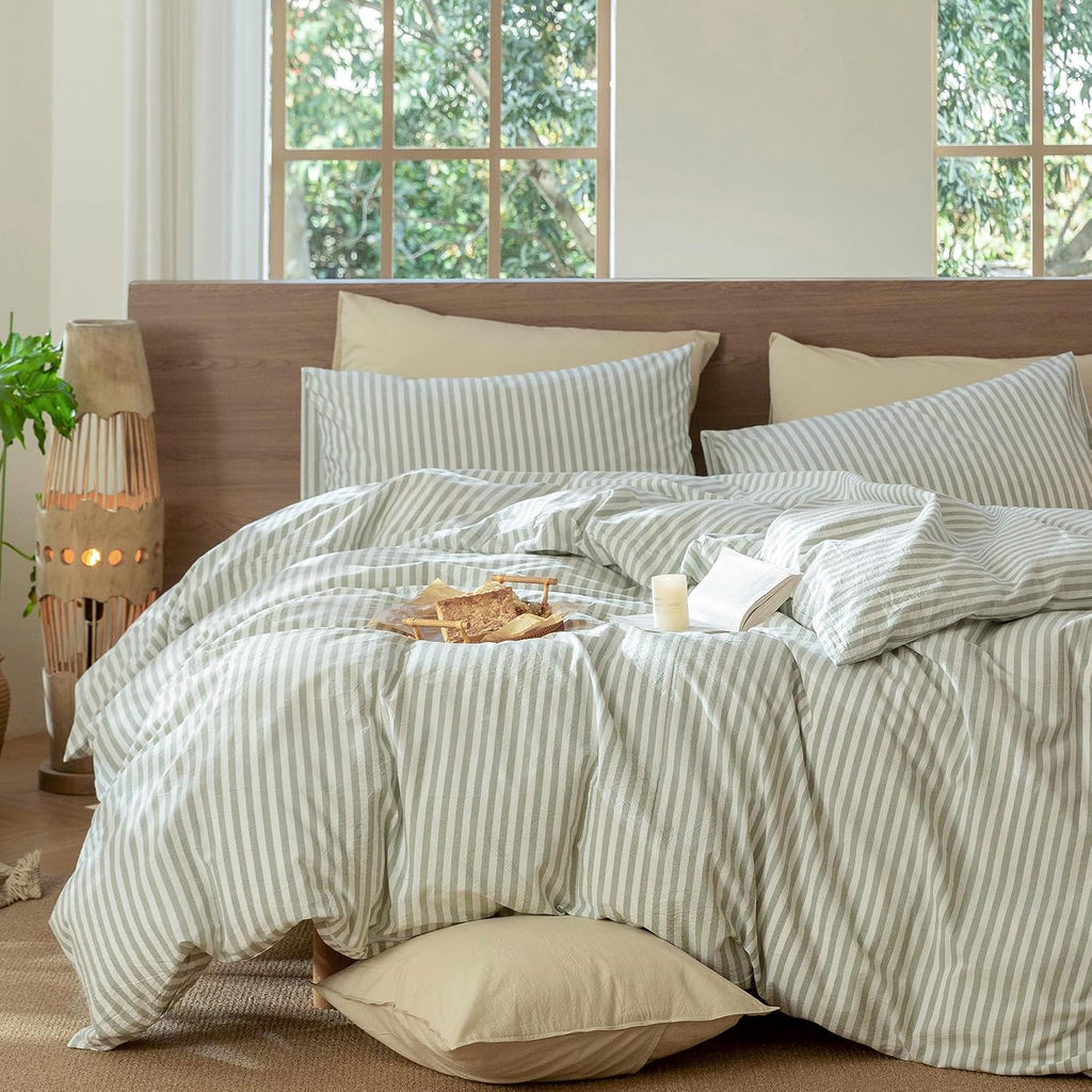 MooMee Striped Duvet Cover Set 100% Washed Cotton Linen Like Textured Breathable Durable Soft Comfy (Sage Green White Classic Stripes, Super King Plus 120'x120')