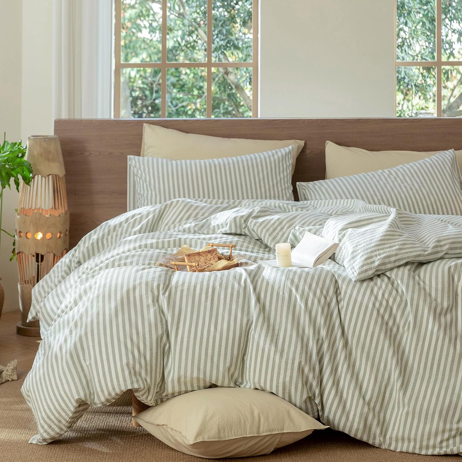 MooMee Striped Duvet Cover Set 100% Washed Cotton Linen Like Textured Breathable Durable Soft Comfy (Sage Green White Classic Stripes, Super King Plus 120'x120')