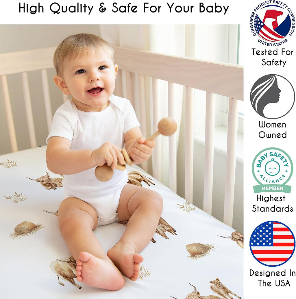 Sweet Jojo Designs 4-Piece Baby Crib Bedding Set (Boho Highland Cow) for Girls/Boys, Infants/Nursery incl. Blanket, Fitted Sheet, Skirt, Diaper Stacker (Taupe Plaid & Farm Animal Watercolor Farmhouse)