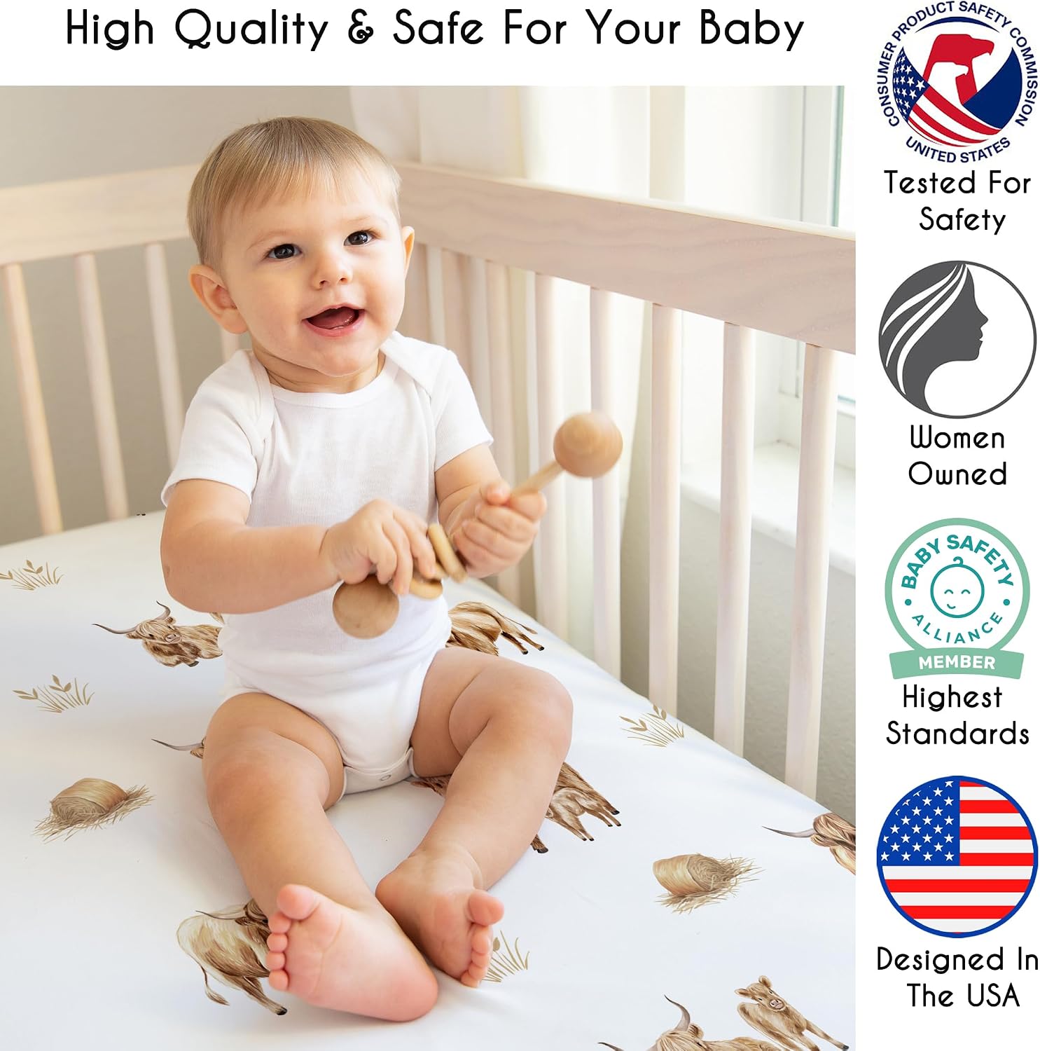Sweet Jojo Designs 4-Piece Baby Crib Bedding Set (Boho Highland Cow) for Girls/Boys, Infants/Nursery incl. Blanket, Fitted Sheet, Skirt, Diaper Stacker (Taupe Plaid & Farm Animal Watercolor Farmhouse)