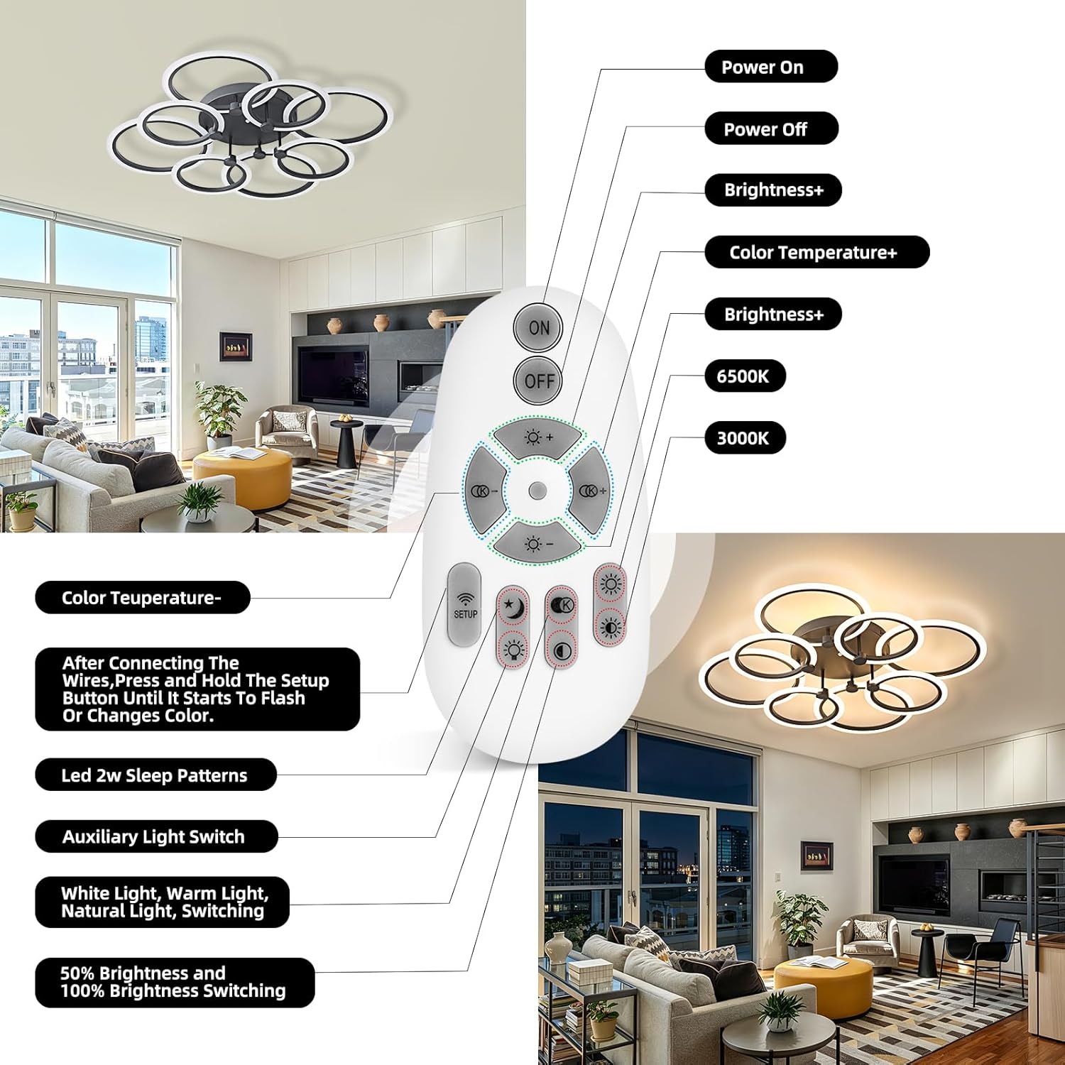 LED Ceiling Light, 8-Ring Modern Flush Mount Fixture, 145W Dimmable 3000K–6500K, Black Ceiling Light with Remote for Living Room Bedroom Kitchen (35.4')