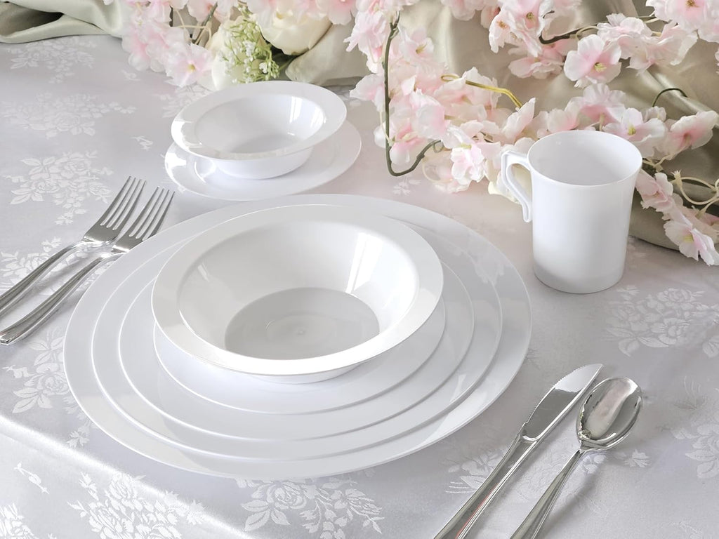 OCCASIONS 120 Piece Disposable Charger Plates Bulk – 12 Inch Heavyweight Plastic Plate Chargers for Weddings, Parties, Events – Elegant White Chargers for Dinner Plates – Plain White Collection