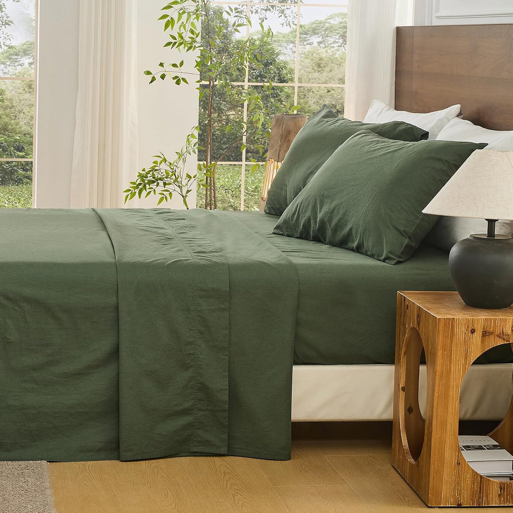 Bedlifes 100% French Flax Linen Sheets Set King Size - 6 Piece Extra Deep Pocket 18-24',Soft Breathable King Bed Sheets with Temperature Regulating & Moisture-Wicking(Forest Green