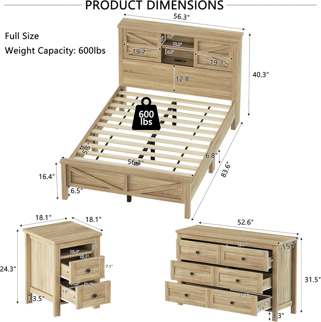 Full Size 3PCS Bedroom Sets, Platform Bed Frame with Double Sliding Door Storage Headboard and USB, 3-Pieces Bedroom Sets with Cabinet and Nightstands, Kids Adults, Natural
