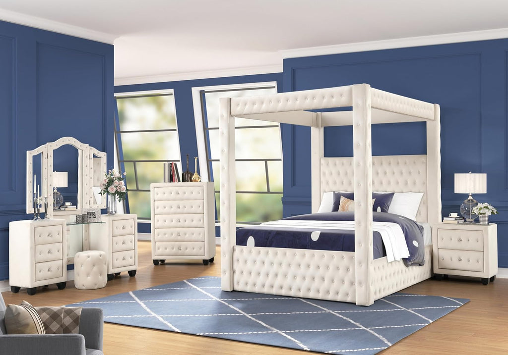 Luxurious Four Poster Full 5 Pc Vanity Bedroom Set Made with Wood in Cream