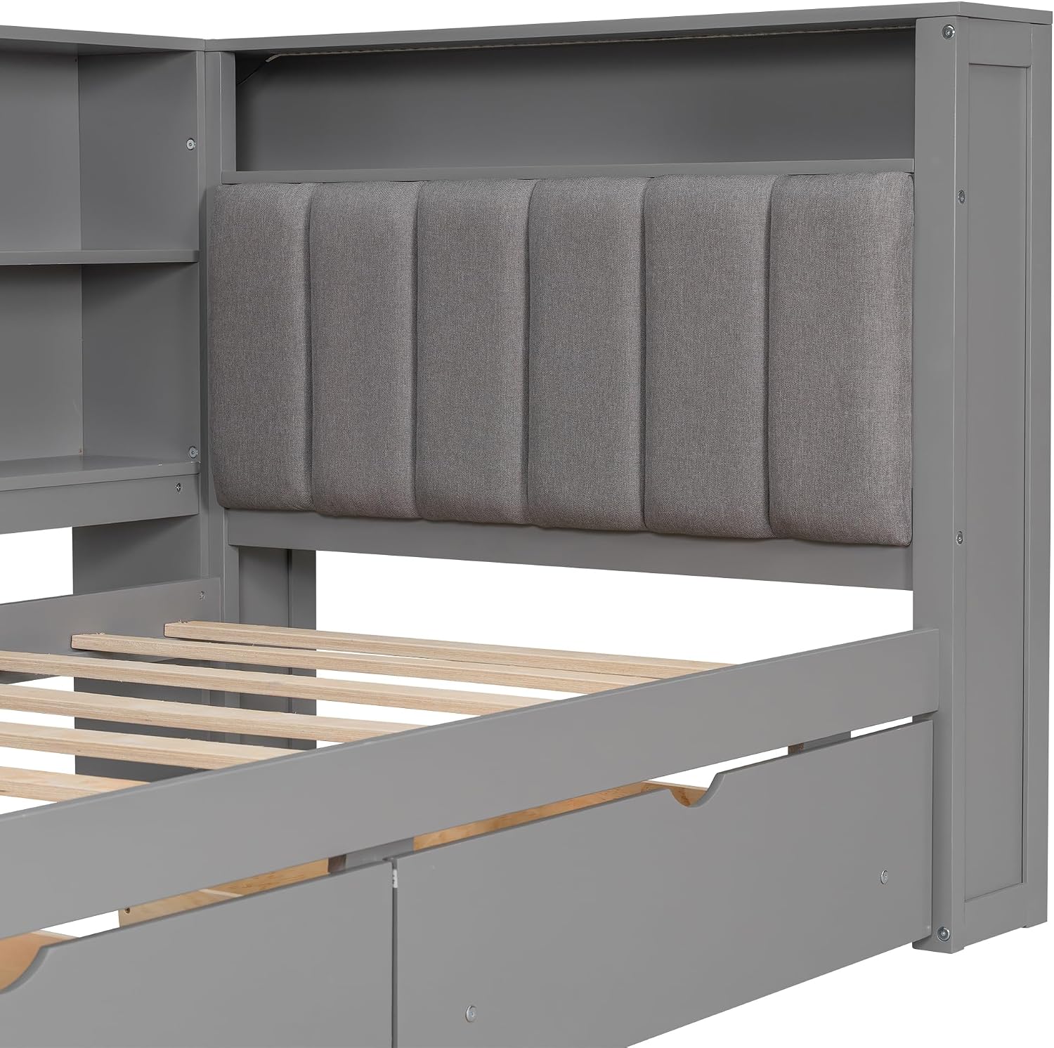 Ball & Cast Wood Twin Size Platform Bed with Storage Shelves and Drawers,Cabinet Bed Frame w/Charging Station & Built-in Desk,Upholstered Headboard,Space-Saving,Furniture for Apartment,Grey+Grey