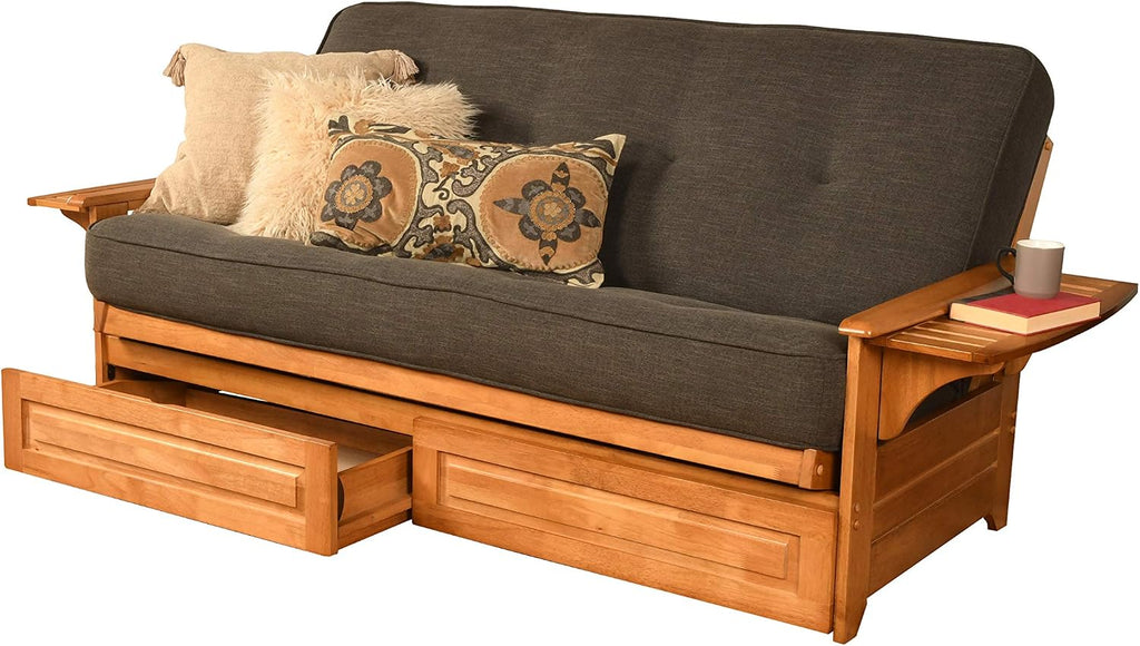 Kodiak Furniture Phoenix Full Size Futon in Butternut Finish with Storage Drawers, Linen Charcoal