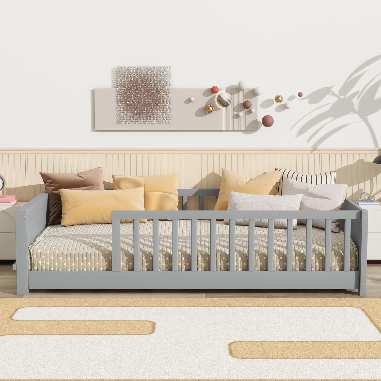 Twin Size Kids Montessori Floor Bed,Twin Floor Bed Frame with Slats and Bookcase,Solid Wood Montessori Bed for Girls Boys,Grey