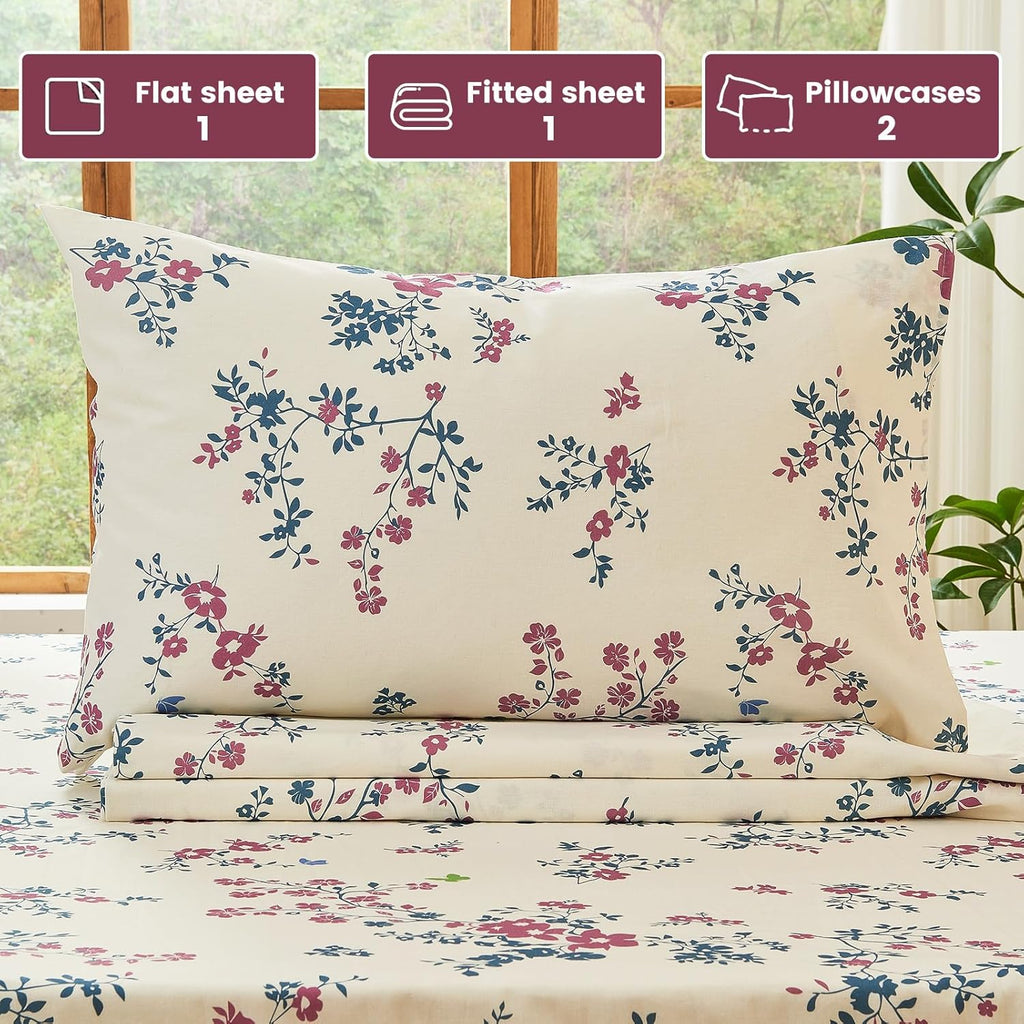 Bedlifes 100% French Linen Sheets Queen Size – Floral Printed, Botanical Pattern Breathable Cooling Sheet Set, 16' Deep Pocket, 4-Piece (Queen, Floral Red)