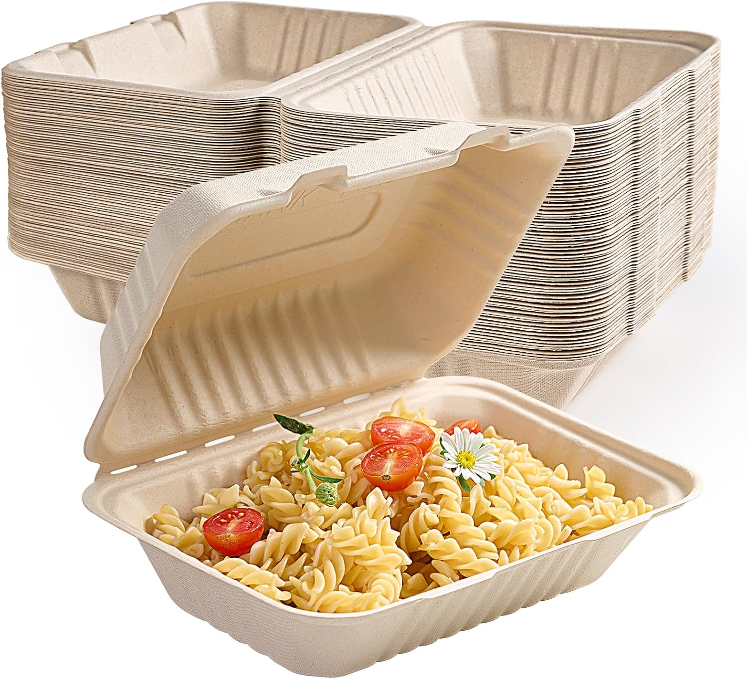 ECOLipak 500 Pack Clamshell Take Out Food Containers, 100% Compostable Disposable To Go Containers, 9X6 inch Heavy-Duty To Go Boxes for Food