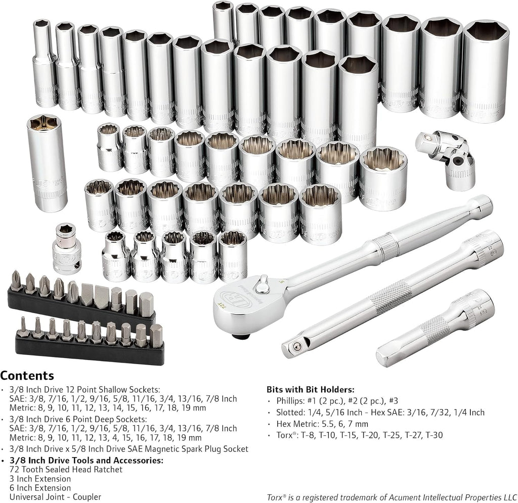Ingersoll Rand 68 Piece 3/8-Inch Drive Metric/SAE Mechanics Tool Set, 72 Tooth Seal Headed Ratchet Handle, Chrome-Vanadium Steel Shallow/Deep Sockets, Universal Joint Socket - 752018
