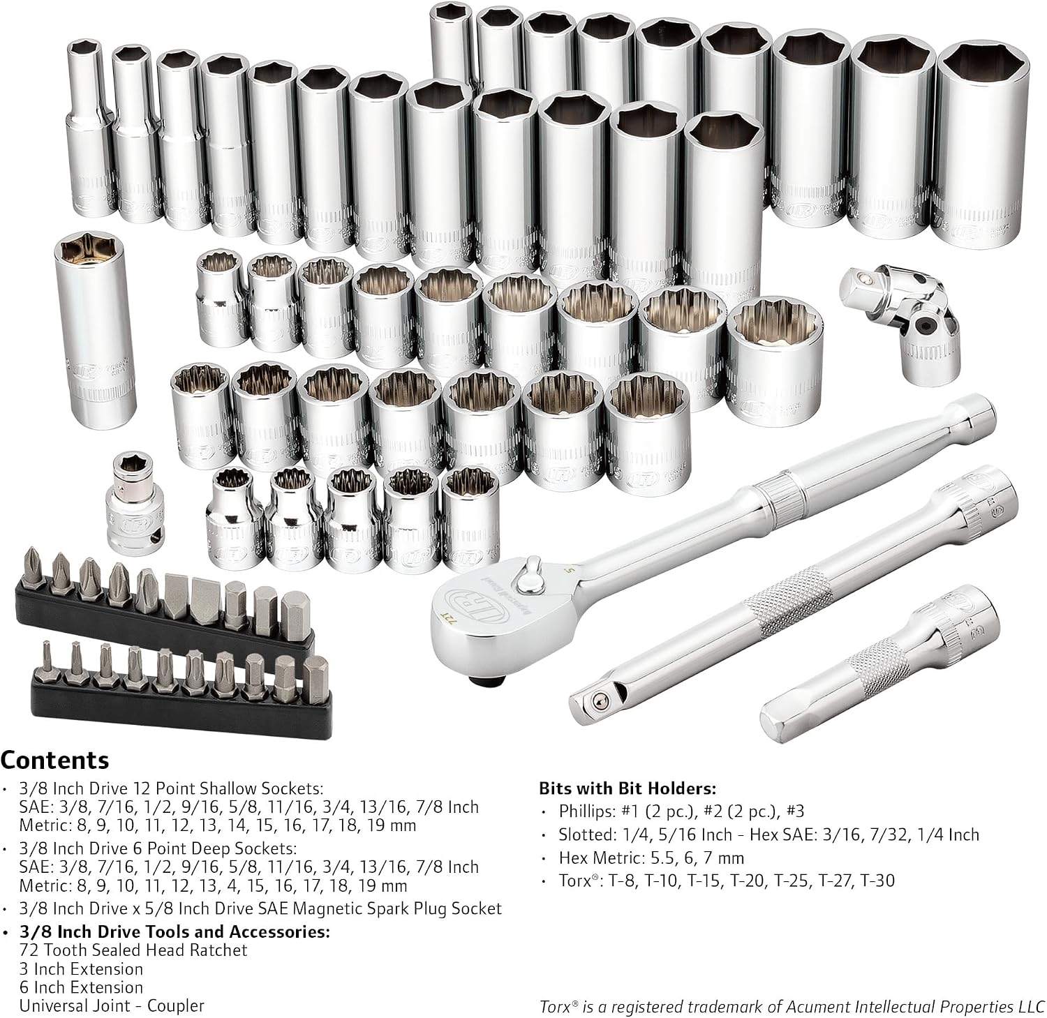 Ingersoll Rand 68 Piece 3/8-Inch Drive Metric/SAE Mechanics Tool Set, 72 Tooth Seal Headed Ratchet Handle, Chrome-Vanadium Steel Shallow/Deep Sockets, Universal Joint Socket - 752018
