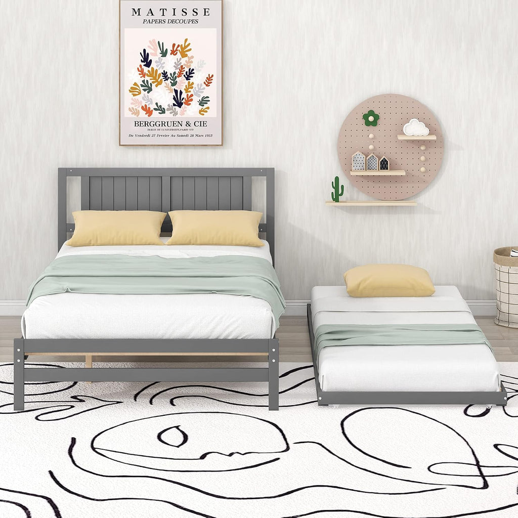 Merax Full Size Wooden Platform Bed with Headboard and Twin Size Adjustable Trundle for Kids, Gray Full Bed with Wood Slats Support for Kidsroom or Bedroom, No Box Spring Needed