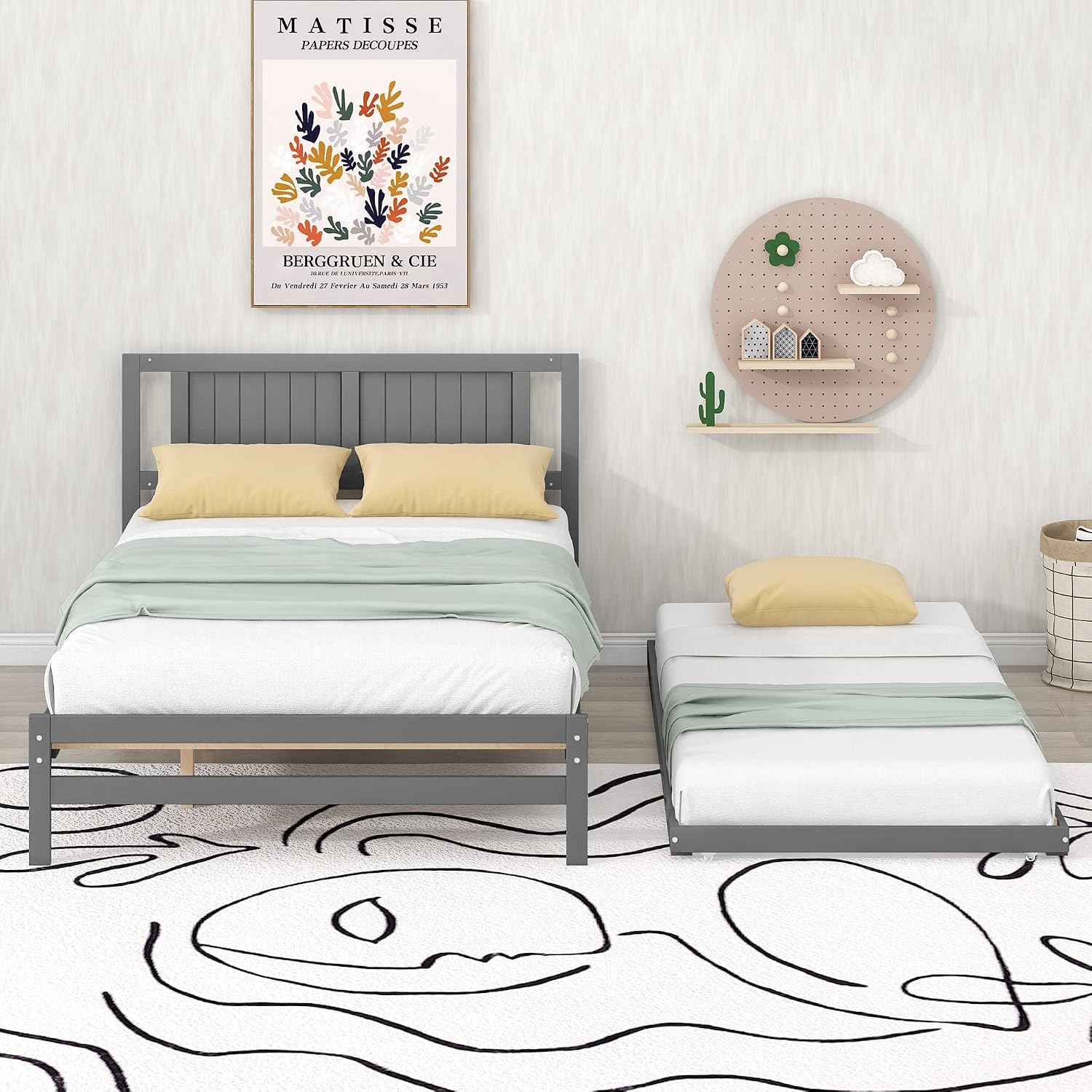 Merax Full Size Wooden Platform Bed with Headboard and Twin Size Adjustable Trundle for Kids, Gray Full Bed with Wood Slats Support for Kidsroom or Bedroom, No Box Spring Needed