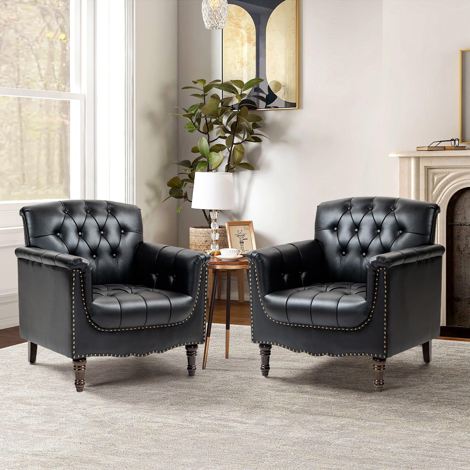 Faux Leather Accent Chair, PU Leather Modern Comfy Upholstered Armchair with Wood Legs & Nailhead Trim for Living Room, Bedroom (Black,Set of 2)