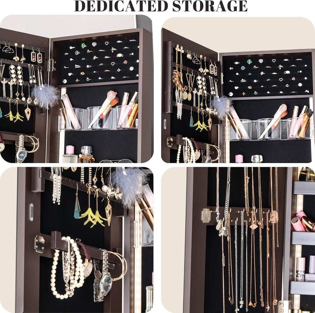 BTEXPERT Large Storage Jewelry Organizer with Frameless Mirror Free Standing Jewelry Armoire Cabinet (Brown)