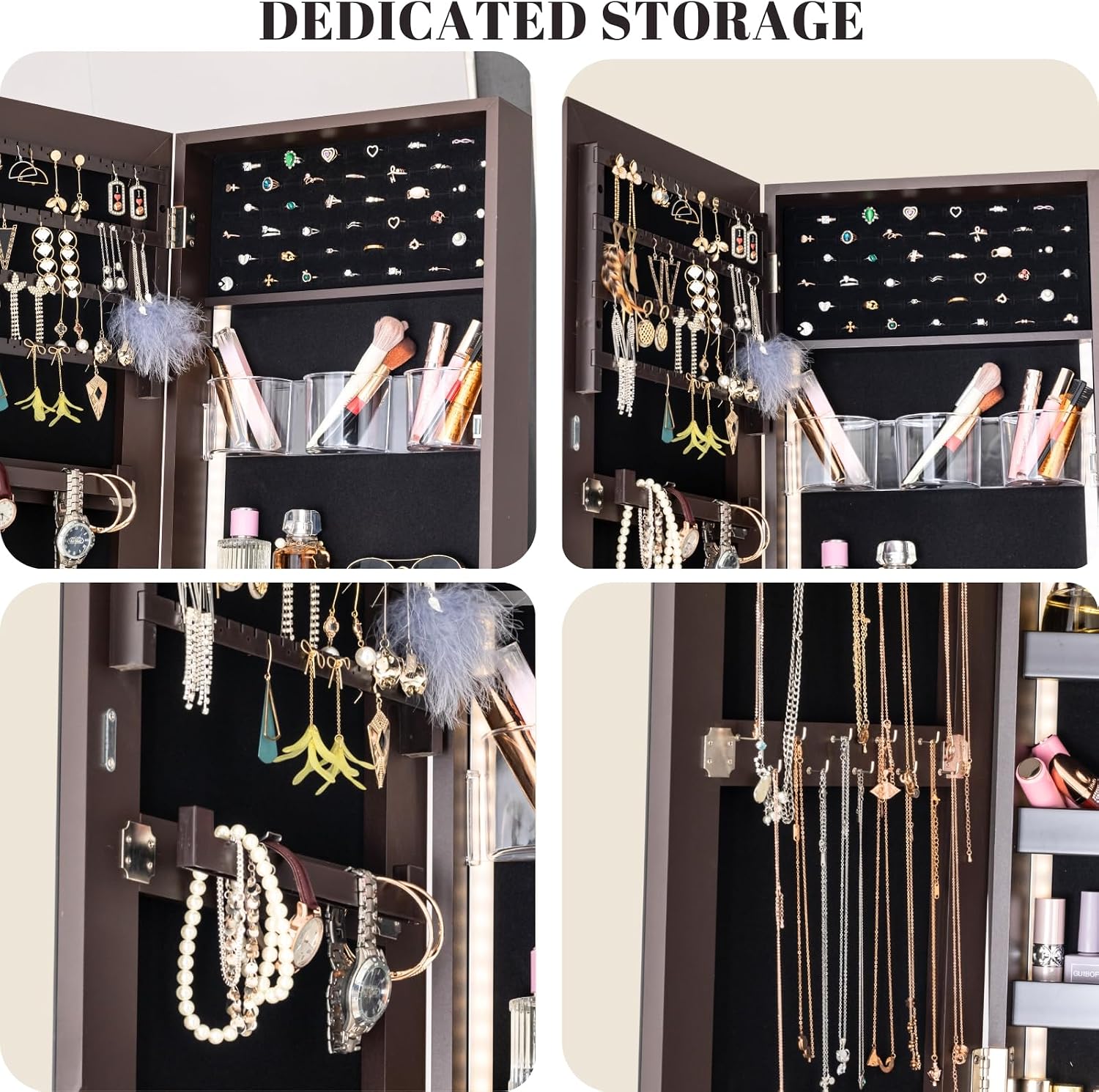 BTEXPERT Large Storage Jewelry Organizer with Frameless Mirror Free Standing Jewelry Armoire Cabinet (Brown)