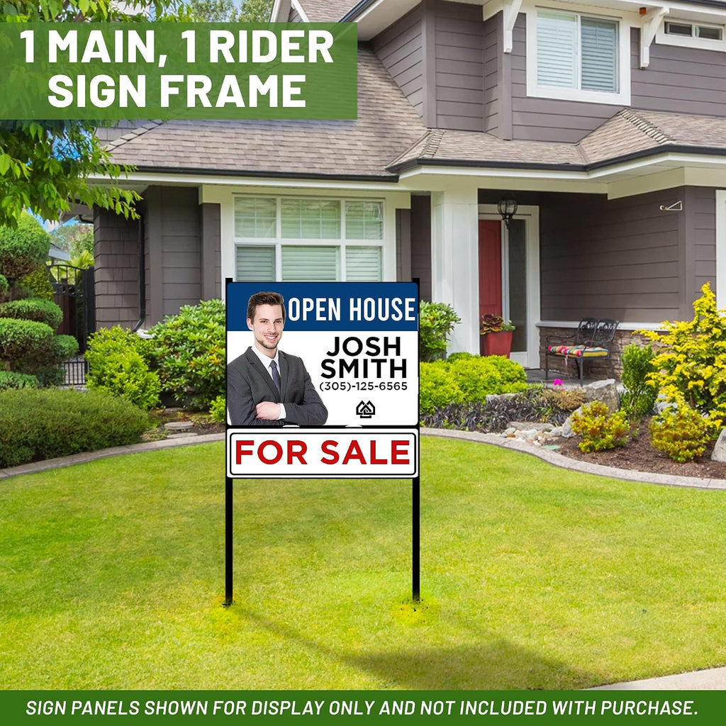 Real Estate Yard Sign Metal H Frame with Rider (Pack of 3) - Steel Real Estate Sign Holder, 30' x 24' Yard Signs, Yard Sign Stand, Open House Signs for Real Estate, (1 Main, 1 Rider,