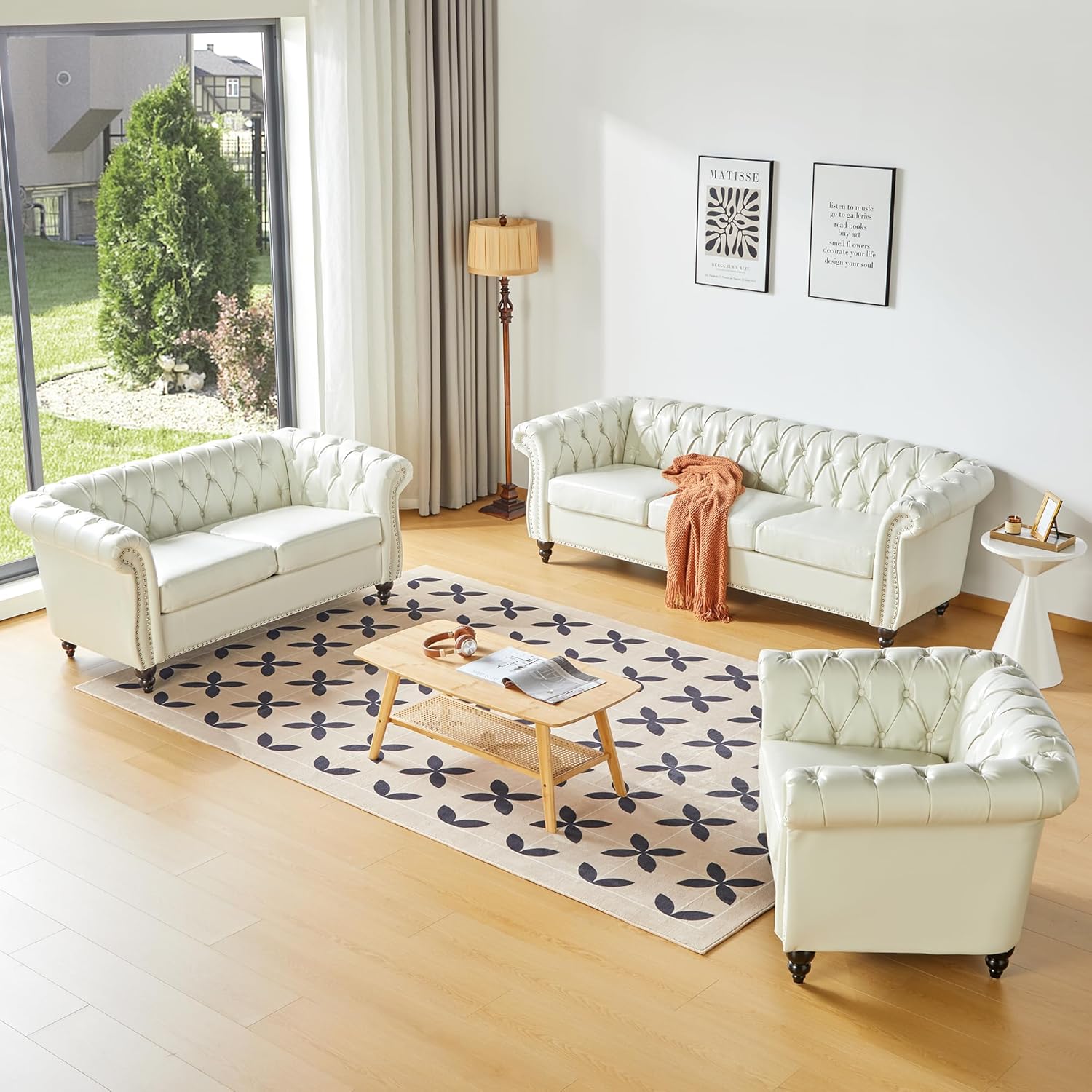 QHITTY 2 Piece Living Room Set, Sectional Chesterfield Sofa Chair Contemporary Upholstered Artificial Leather Loveseat Couch Sets for Living Room, Bedroom, Office (White)