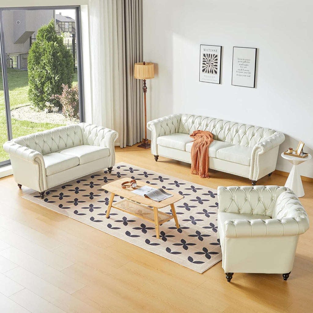 QHITTY 2 Piece Living Room Set, Sectional Chesterfield Sofa Chair Contemporary Upholstered Leather Loveseat Couch Sets for Living Room, Bedroom, Office (White)